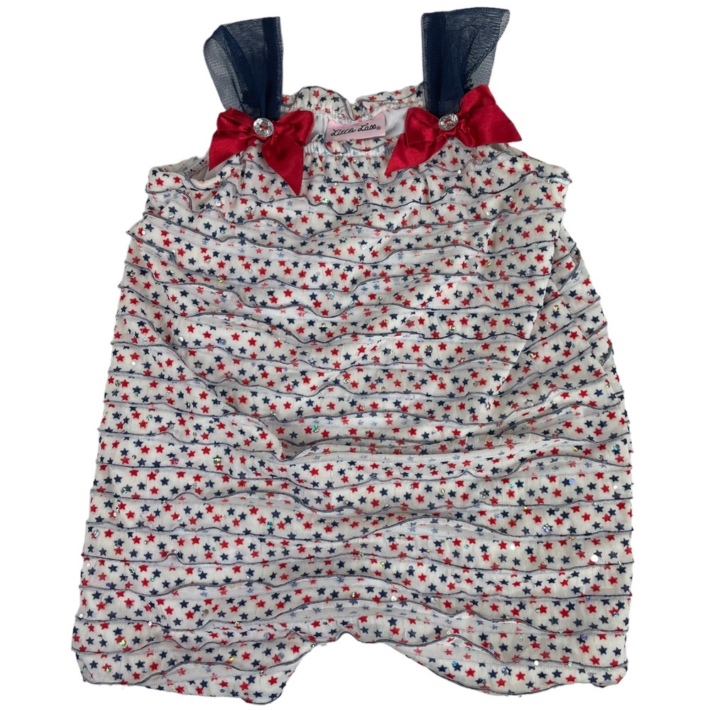 Forth of July Stars Glitter Bows Red White Blue American USA Little Lass Romper